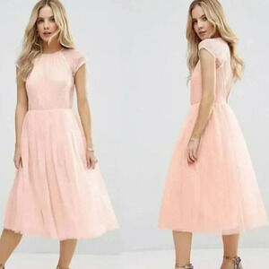 Asos Pink Tulle Lace Dress High Neck Open Back Full Skirt Size 6 Women's NWT